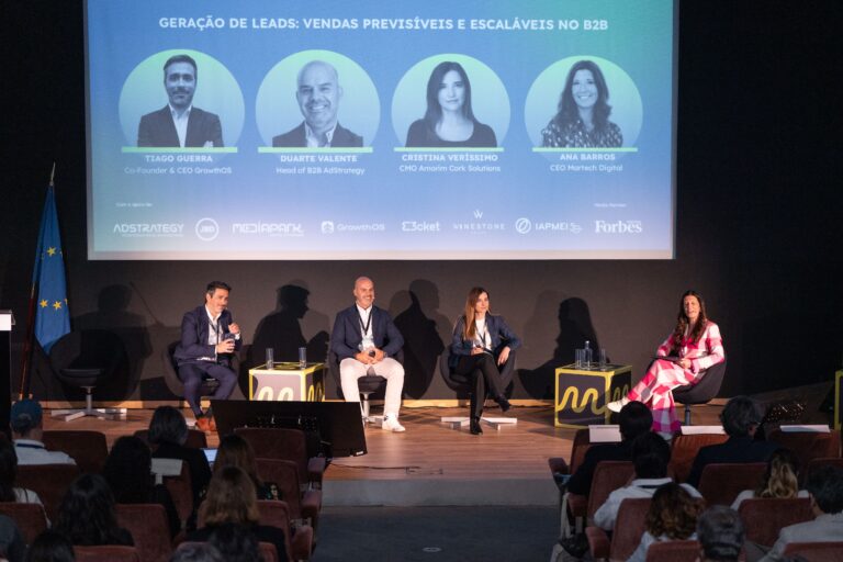 Tiago Guerra speaking on a Lead Generation panel at the Martech B2B Summit 2026, Portugal
